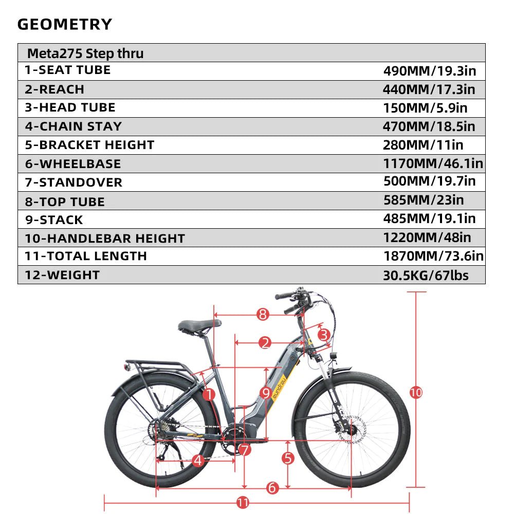 Eunorau META275-ST 48V500W13Ah 27.5x2.6" Torque Step Thru City Bike